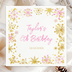 Pink and Gold Snowflakes Birthday Party Napkin
