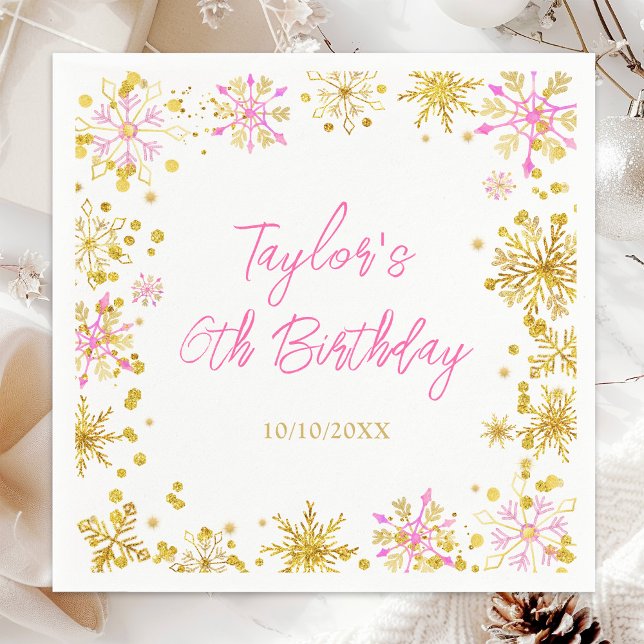 Pink and Gold Snowflakes Birthday Party Napkin (Creator Uploaded)