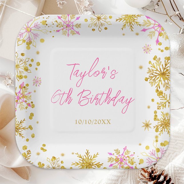 Pink and Gold Snowflakes Birthday Party Paper Plate (Creator Uploaded)