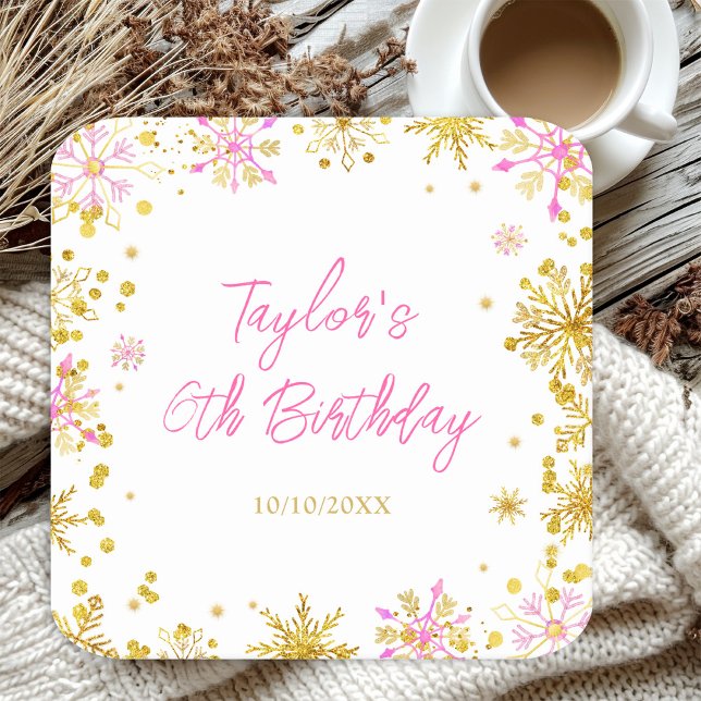 Pink and Gold Snowflakes Birthday Party Square Paper Coaster (Creator Uploaded)