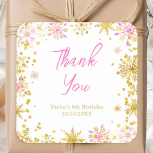 Pink and Gold Snowflakes Birthday Thank You Square Sticker
