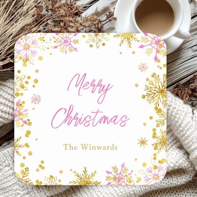 Pink and Gold Snowflakes Christmas Party Square Paper Coaster (Creator Uploaded)