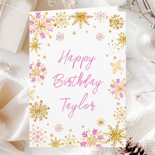 Pink and Gold Snowflakes Happy Birthday Card (Creator Uploaded)