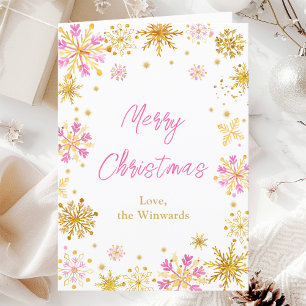 Pink and Gold Snowflakes Merry Christmas Holiday Card