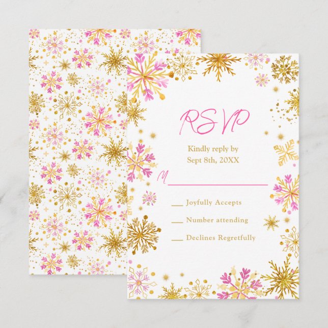 Pink and Gold Snowflakes Winter RSVP Card (Front/Back)
