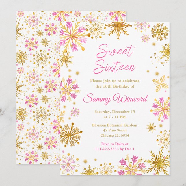 Pink and Gold Snowflakes Winter Sweet Sixteen Invitation (Front/Back)