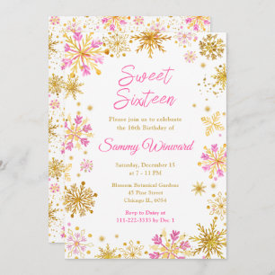 Pink and Gold Snowflakes Winter Sweet Sixteen Invitation