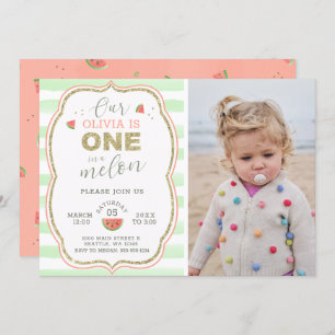 Pink and Gold Sparkle One in a Melon 1st Birthday Invitation