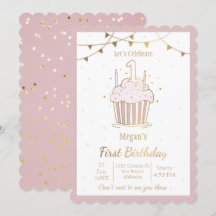 Pink and Gold Stars 1st birthday Invitation