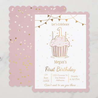 Pink and Gold Stars 1st birthday Invitation