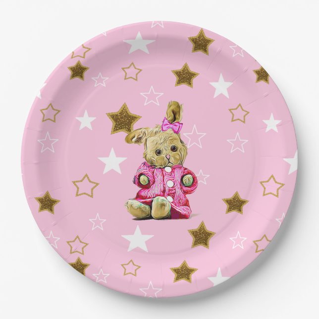 Pink  and Gold Stars & Bunny Paper Plates (Front)