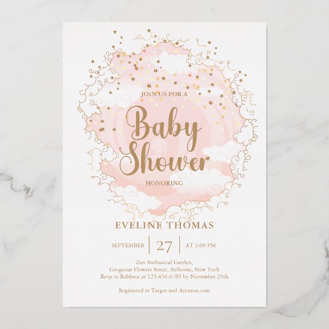 Pink and gold stars cloud in the sky baby shower (Front)