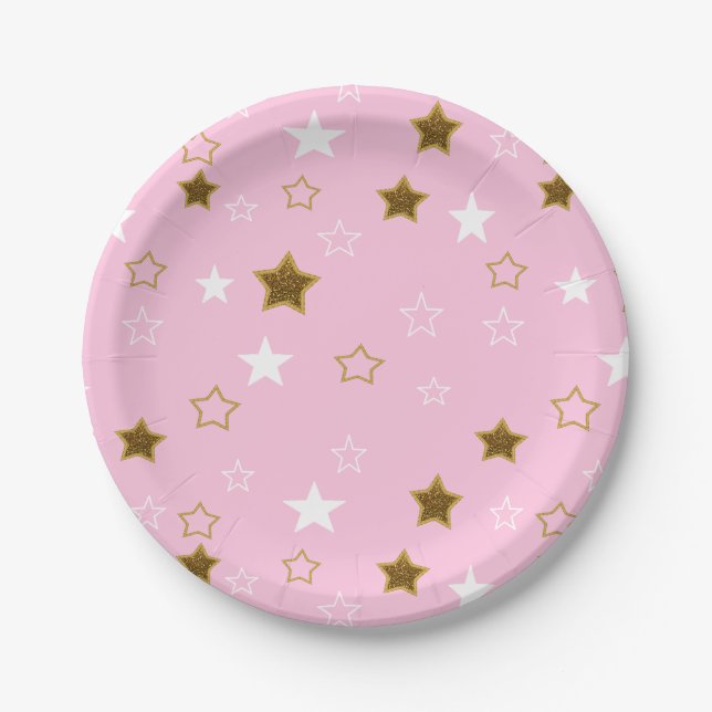 Pink  and Gold Stars Paper Plates (Front)