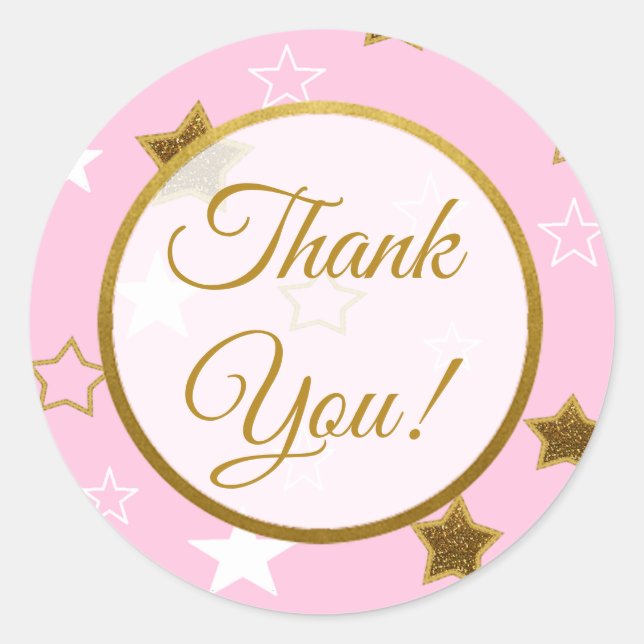 Pink and Gold Stars Thank You  Baby Shower Sticker (Front)