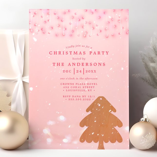 Pink And Gold String Lights Modern Christmas Party Invitation (Creator Uploaded)