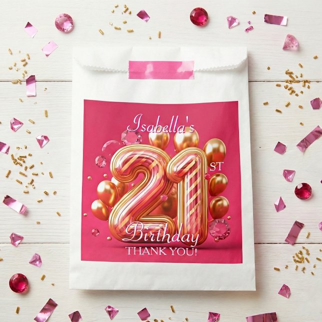 Pink and Gold Striped Balloon 21st Birthday Favour Bags (Creator Uploaded)