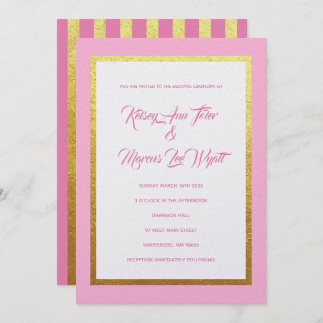 Pink and Gold Striped Wedding Invitations Modern (Front/Back)