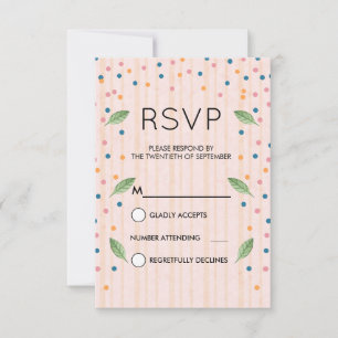 Pink and Gold Stripes Green Leaves & Confetti RSVP Card