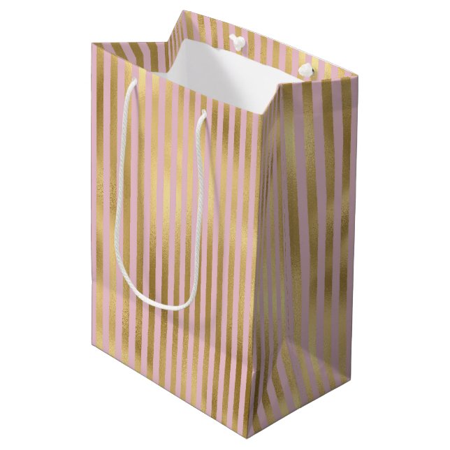 Pink and Gold Stripes Medium Gift Bag (Front Angled)