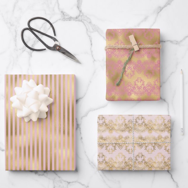 Pink and Gold Stripes Wrapping Paper Sheet (Front)