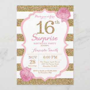 Pink and Gold Surprise 16th Birthday Invitation