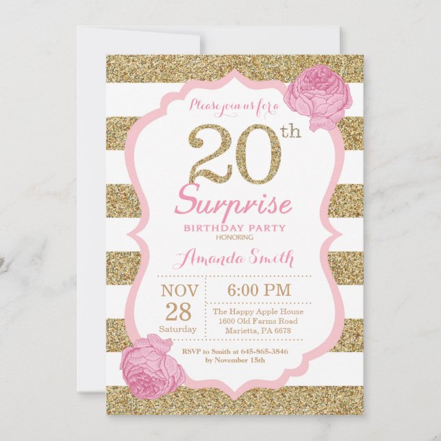 Pink and Gold Surprise 20th Birthday Invitation (Front)