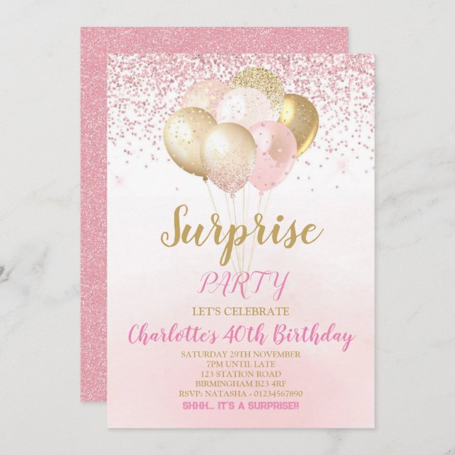 Pink and Gold Surprise Birthday Invitation (Front/Back)