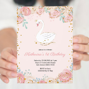 Pink and Gold Swan Birthday Invitation