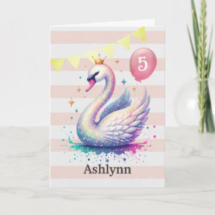 Pink and Gold Swan Princess 5th Birthday Card