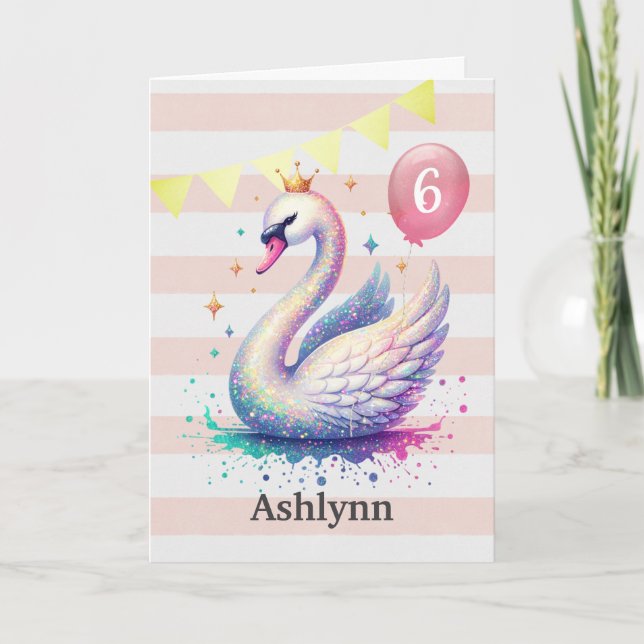 Pink and Gold Swan Princess 6th Birthday Card (Front)