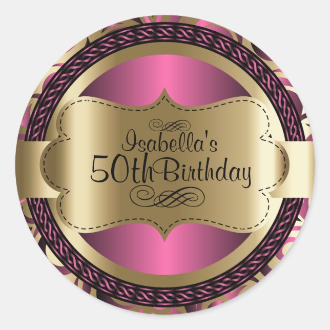 Pink and Gold Swirl Abstract Birthday Classic Round Sticker (Front)