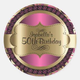 Pink and Gold Swirl Abstract Birthday Classic Round Sticker