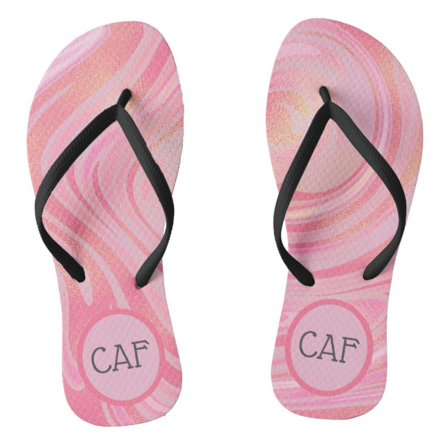 Pink and Gold Swirl Marble Monogrammed Flip Flops (Footbed)