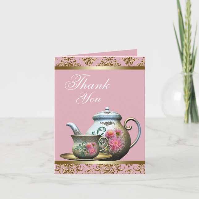 Pink and Gold Teapot and Tea Cup Thank You Cards (Front)