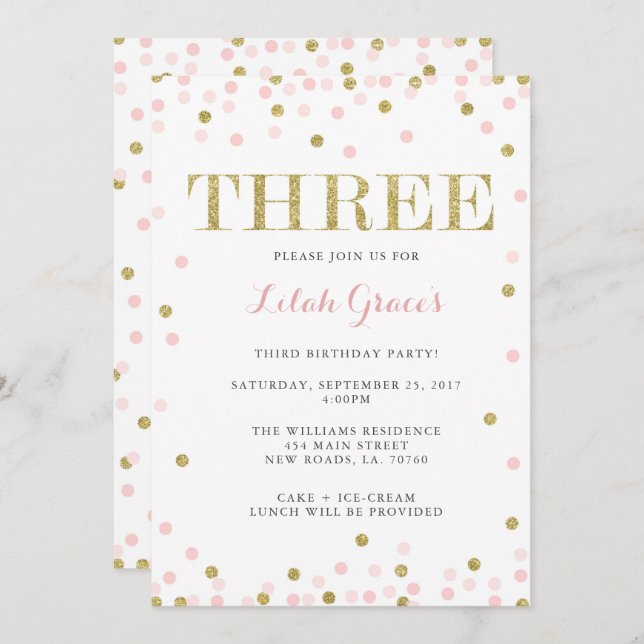 Pink and Gold Third Birthday Invitations (Front/Back)