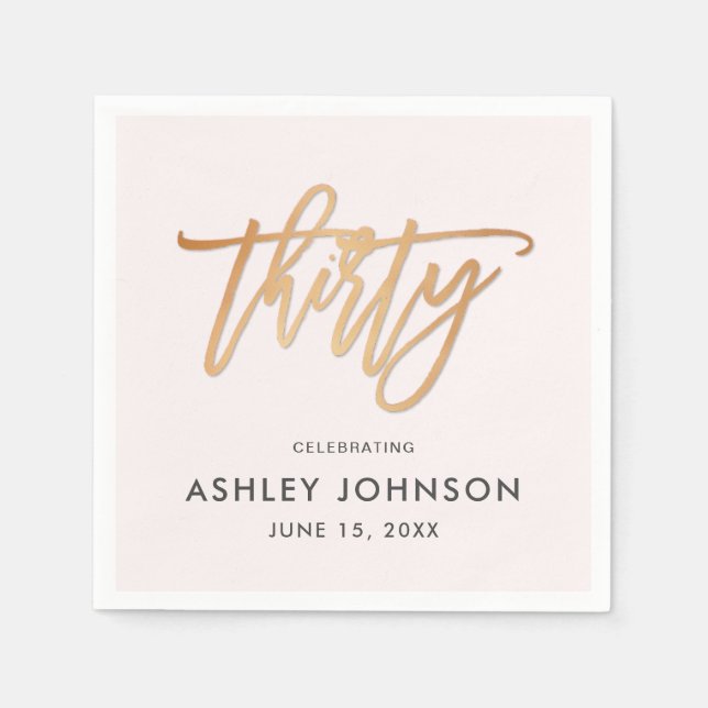 Pink and Gold Thirty Script Typography Birthday Napkin (Front)
