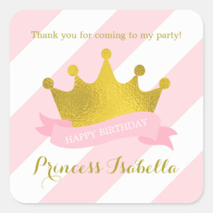 Pink and Gold Tiara Princess Birthday Square Sticker