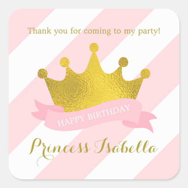 Pink and Gold Tiara Princess Birthday Square Sticker (Front)