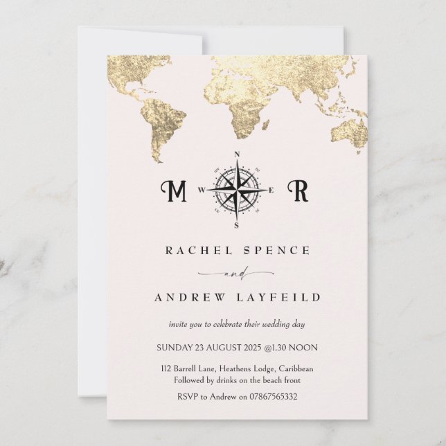 Pink and Gold Travel map wedding invitation (Front)