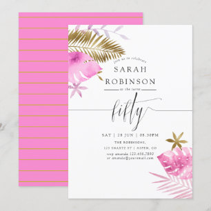 Pink and Gold Tropical 50th Birthday Party Invite