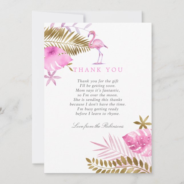 Pink and Gold Tropical Flamingo Baby Shower Thanks Thank You Card (Front)