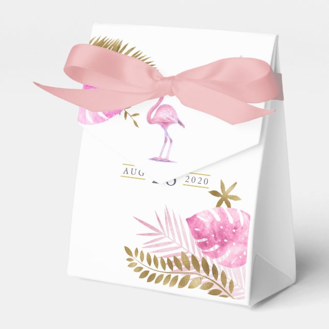 Pink and Gold Tropical Flamingo Girl Baby Shower Favour Box (Front Side)