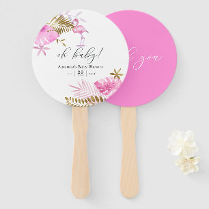 Pink and Gold Tropical Flamingo Girl Baby Shower Hand Fan