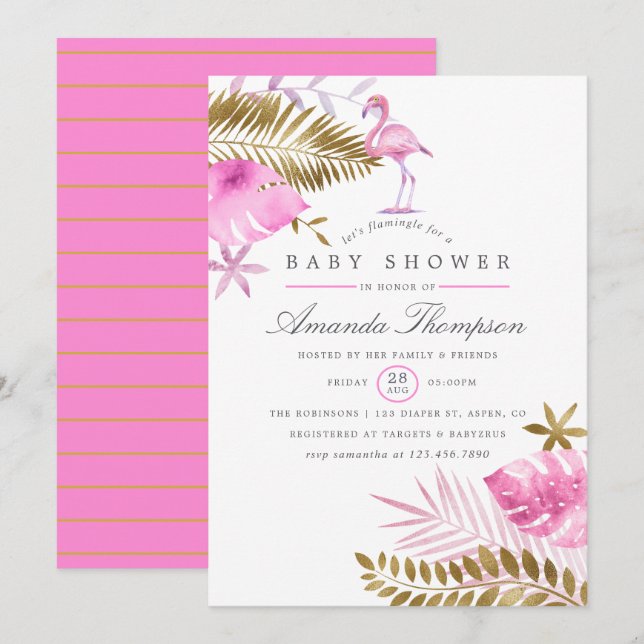 Pink and Gold Tropical Flamingo Girl Baby Shower Invitation (Front/Back)