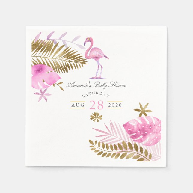 Pink and Gold Tropical Flamingo Girl Baby Shower Napkin (Front)