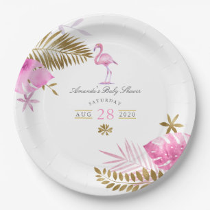 Pink and Gold Tropical Flamingo Girl Baby Shower Paper Plate
