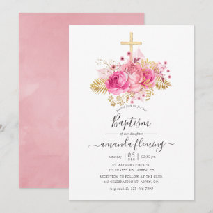 Pink and Gold Tropical Floral Baptism Invitation