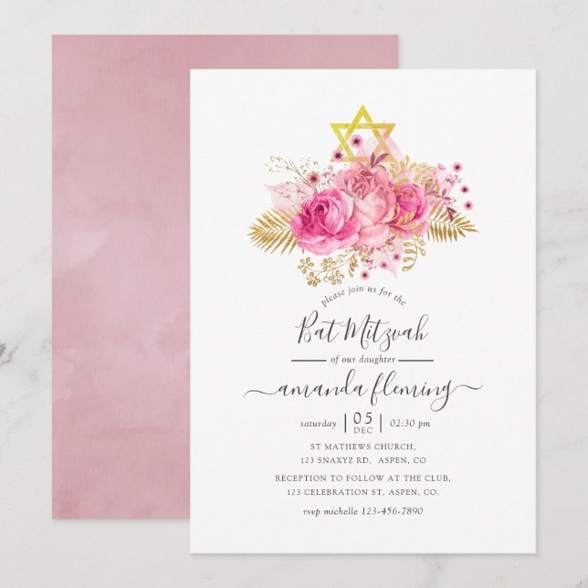 Pink and Gold Tropical Floral Bat Mitzvah Invitation (Front/Back)