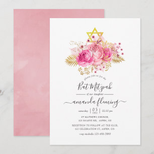Pink and Gold Tropical Floral Bat Mitzvah Invitation