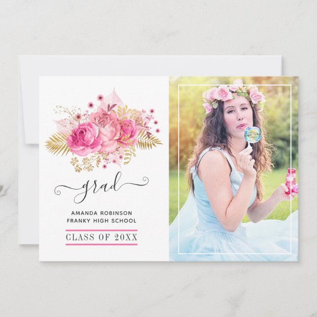 Pink and Gold Tropical Floral Graduation Photo Announcement (Front)